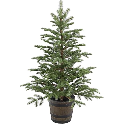 National Tree Company Artificial Entrance Christmas Tree, Norwegian Spruce, Green, White Lights, Includes Whiskey Barrel Base, 4 Feet