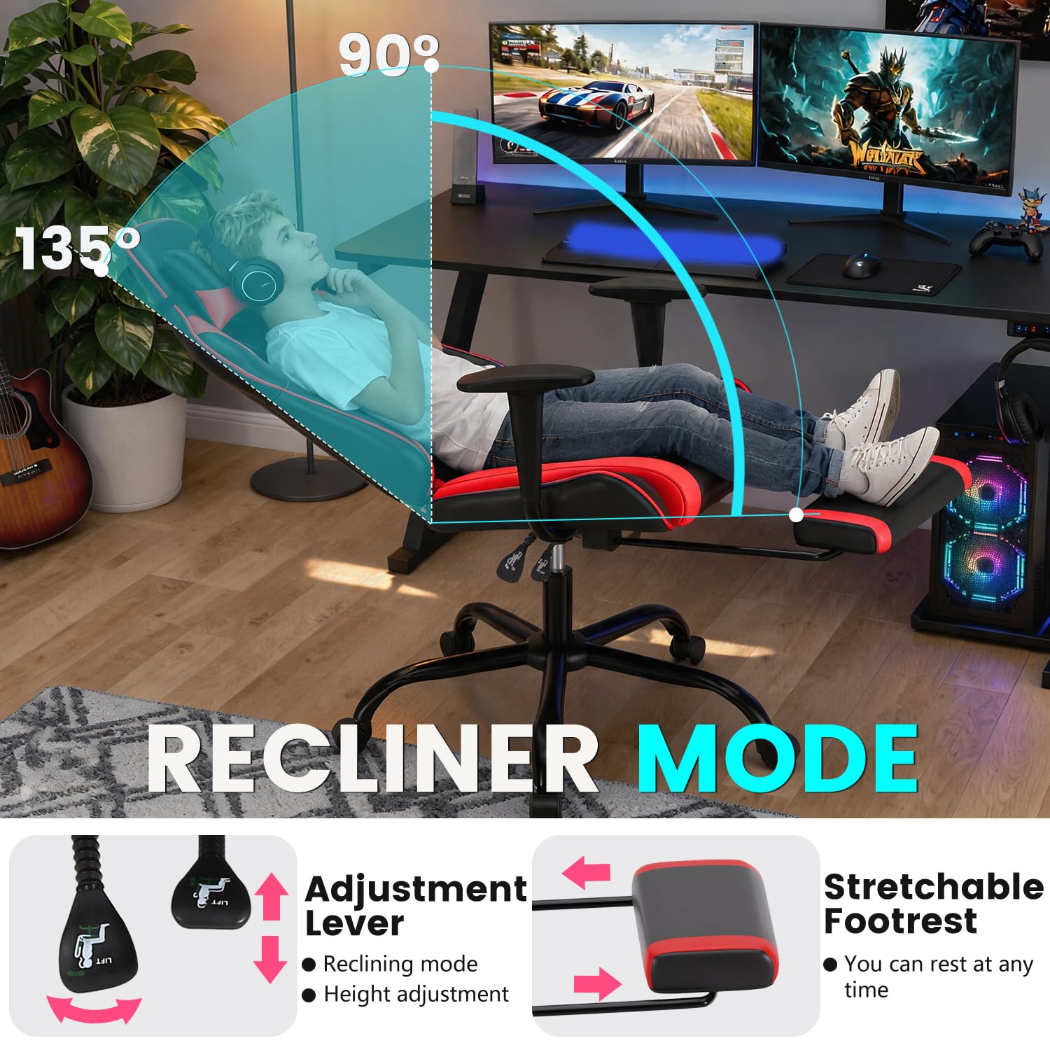 Sedia da gioco da ufficio, ergonomica, con poggiapiedi, braccioli, supporto lombare, poggiatesta, girevole, schienale alto, sedia da computer da corsa, per donne, uomini, adulti, ragazze, rosso