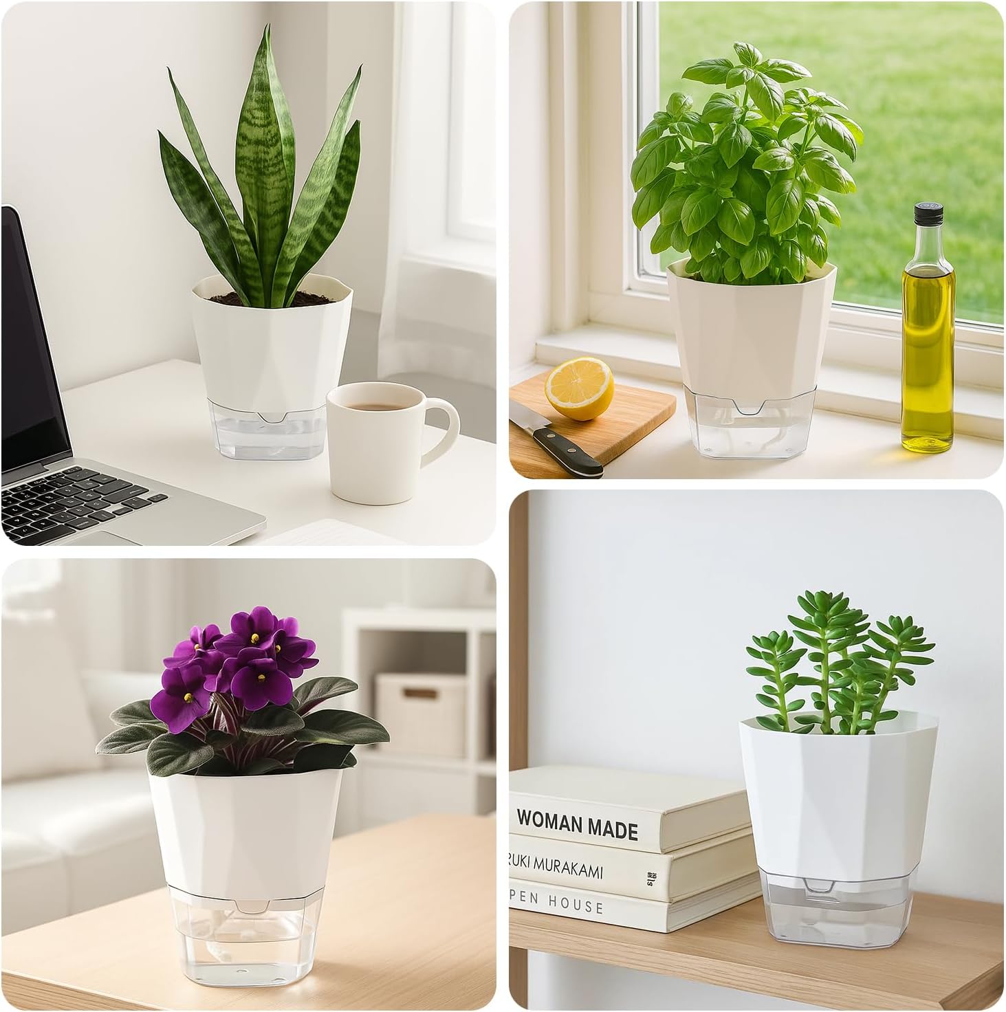 6 Pack Self Watering Pots for Indoor Plants, 8.4 Inches Self Watering Planters Large African Violet Self Watering Clear Pots for Plants Large Herb Orchid Flower Houseplant Pots, White