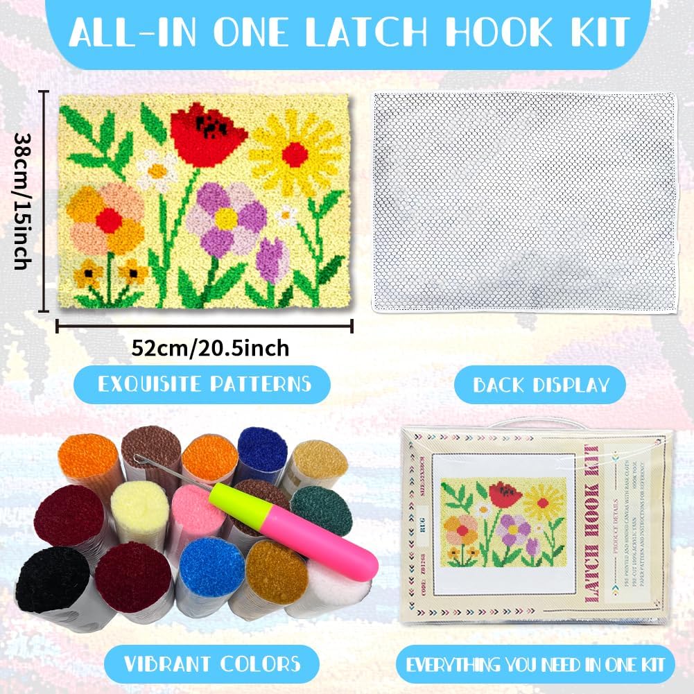 ORIGACH Simple Wildflower Latch Hook Rug Kit for Adults Printed Rug Making Kit Handmade Carpet Tapestry Cover with Hook Latch and Preprinted Canvas, Home Arts Crafts Sofa Decor, 20.5x15inch