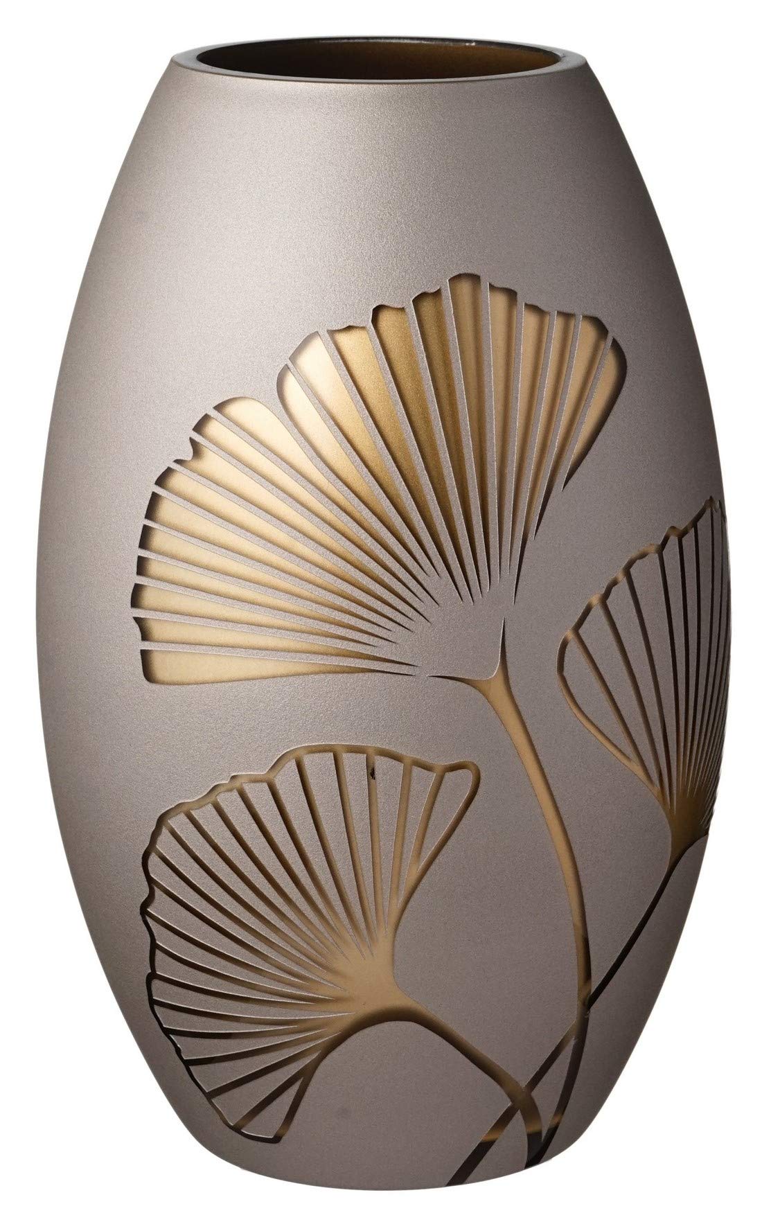 Jarrón de cristal dorado grabado y pintado a mano con hojas de ginkgo dorado – Cristal grueso soplado boca – Elegante decoración del hogar – Caja de regalo dorada – 23 cm