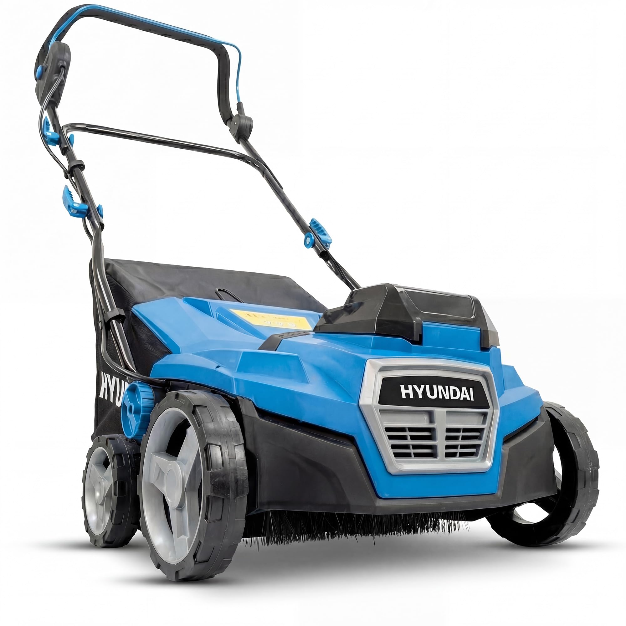 Hyundai Spazzatrice artificiale senza fili da 38 cm 40 V (2 x 20 V), motore senza spazzole, borsa di raccolta da 45 l, 5 impostazioni di altezza, 2 batterie da 4,0 Ah e caricabatterie