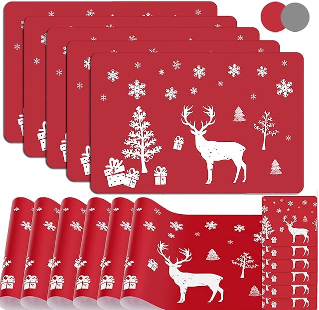 MQIAN 12PCS Christmas Placemats, Christmas Table Place Mats and Coasters Set, Washable Heat Resistant Reindeer Placemats with Cup Mats (Red)