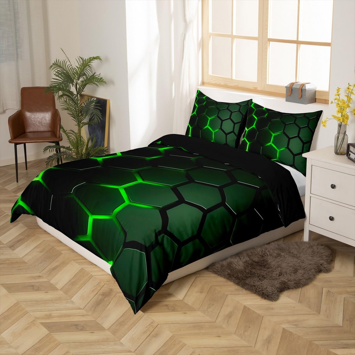 jejeloiu Kids Green Honeycomb Duvet Cover Toddler Size, Neon Hexagonal Comforter Cover Geometrical Bedding Set Boys Girls Teens Bedroom Decor Bedclothes Zipper (No Comforter)