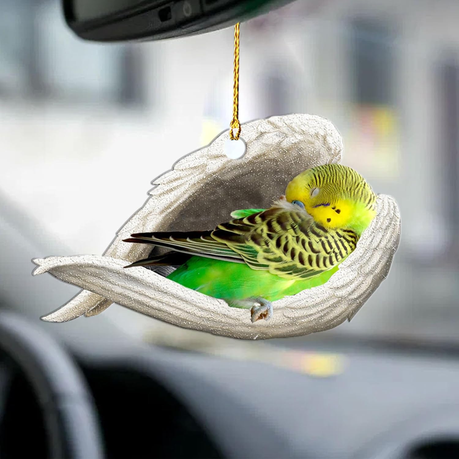 Personalized Green Yellow Parakeet Sleeping in Angel Wing