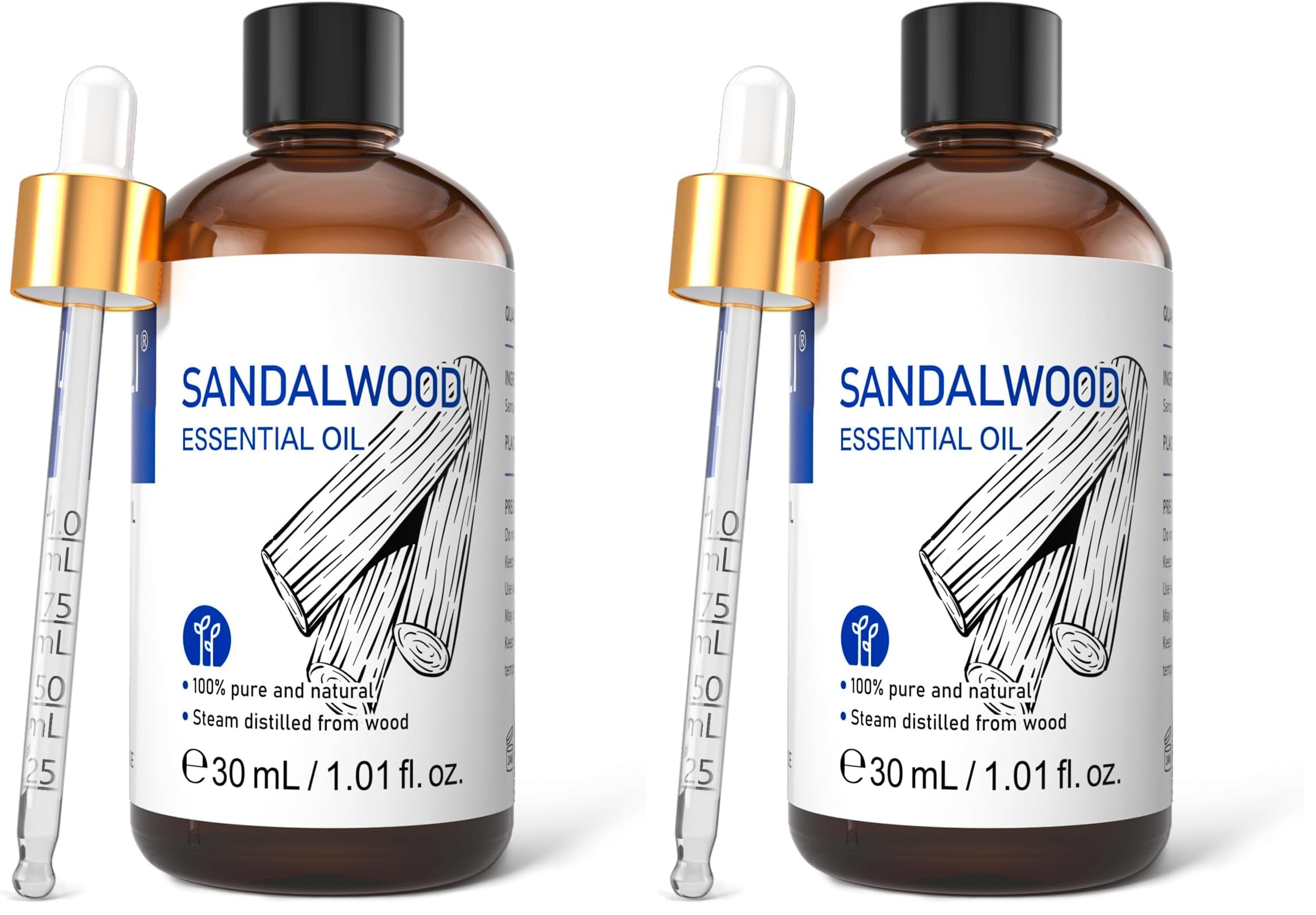 HIQILI Sandalwood Essential Oils 1 Fl Oz, 100% Pure Natural Therapeutic Grade for Skin, Diffuser, Perfume, Candle Soap Making, Includes Premium Quality Glass Dropper (Pack of 2)