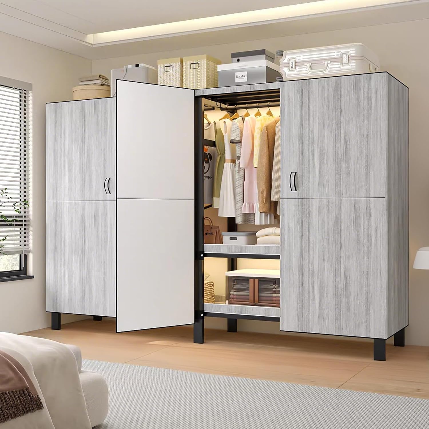 Foldable Portable Closet Wardrobe on Wheel 2000Ibs Heavy-Duty Clothe Rack with Cover Freestanding Metal Clothing Rack Armoire Storage System Rolling Garment Racks (Hazy Gray, 70.9IN)