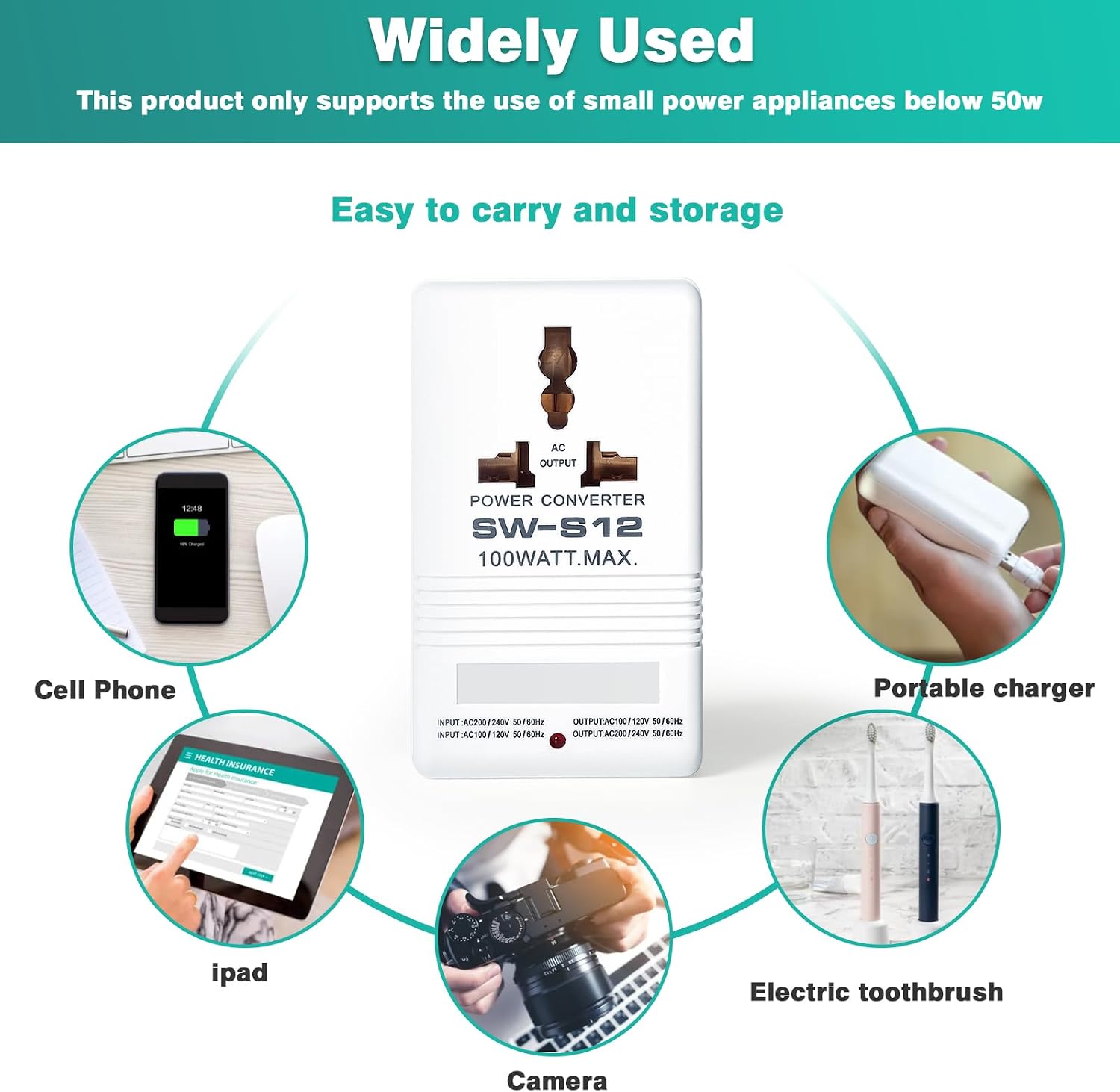 Image showing the DewinLVD S12 converter with examples of compatible low-power devices like cell phones, iPads, cameras, portable chargers, and electric toothbrushes.
