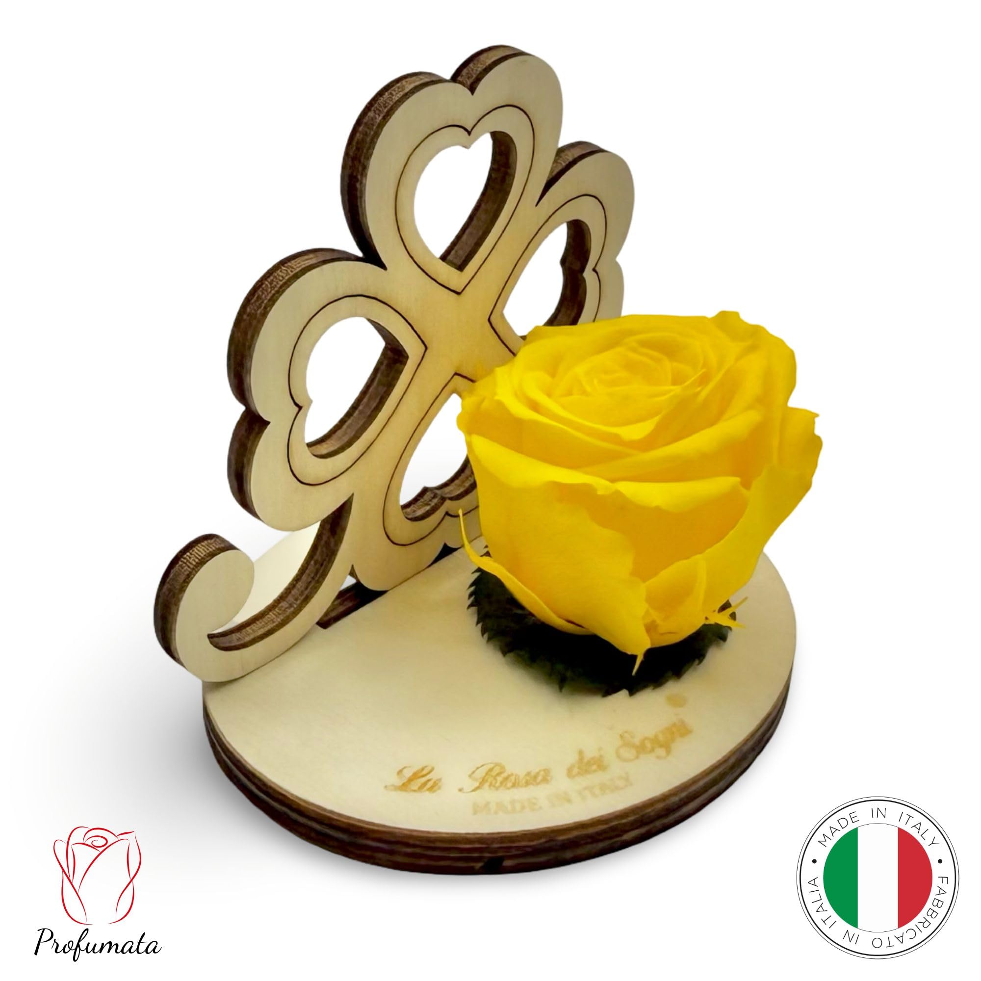 Rosa Stabilizzata con Quadrifoglio in Legno Intaglio Laser – Fiore Naturale a Lunga Durata - Made in Italy (Rosa)