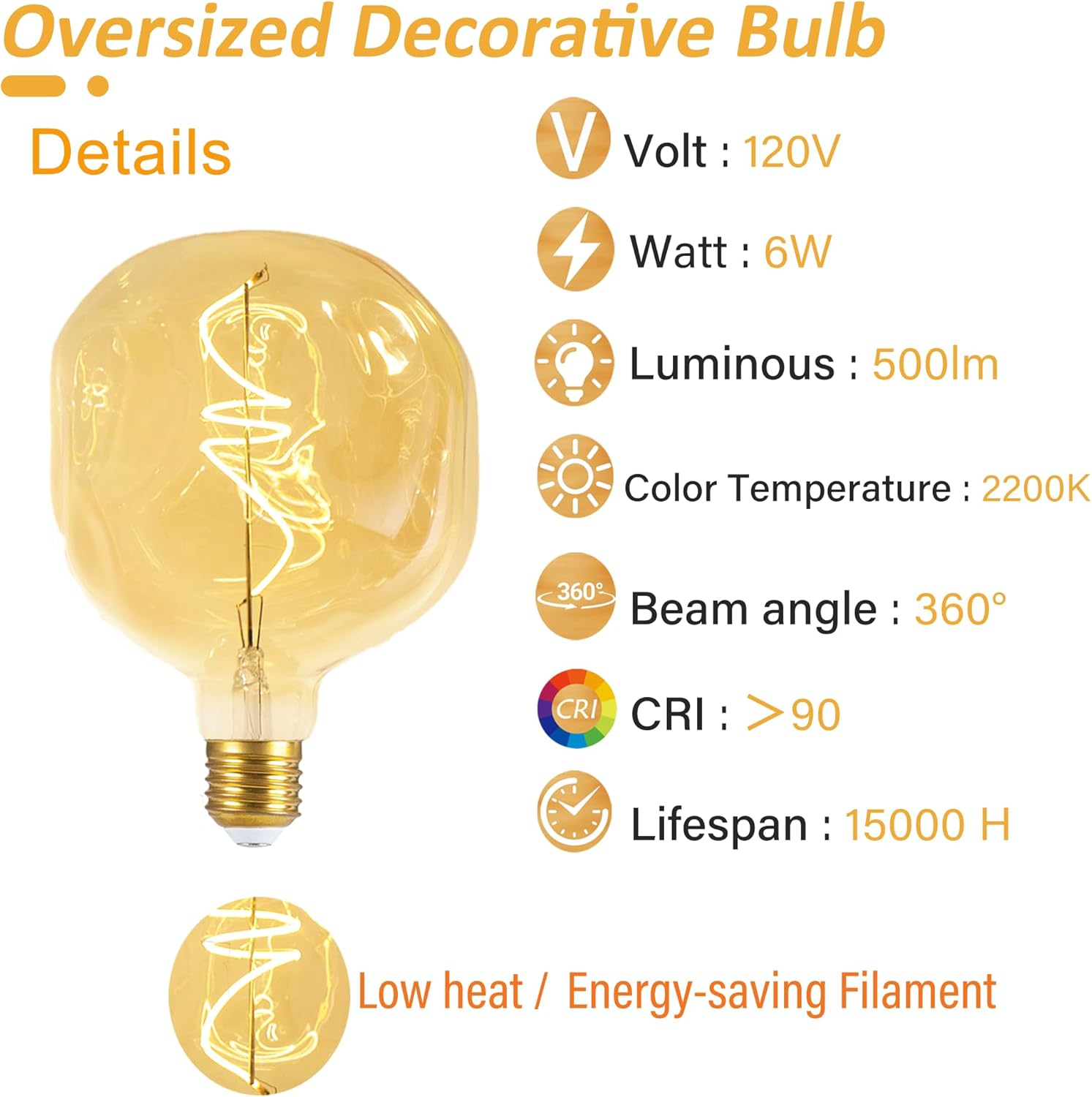 Oversized Decorative LED Light Bulb 6W 500LM E26 Large Fancy Edison Bulbs 60W Incandescent Dimmable 2200k Warm White Pendant Lighting for Bedroom Dining Living Room Bar，1 Pack (NG150AM)
