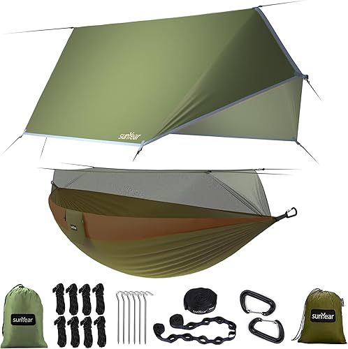 Miniatura 11 de Sunyear Hamaca de Camping, Hamaca Portátil Individual y Doble con Red, Tienda de Hamaca para 2 Personas con 2 Correas de 3 metros, Ideal