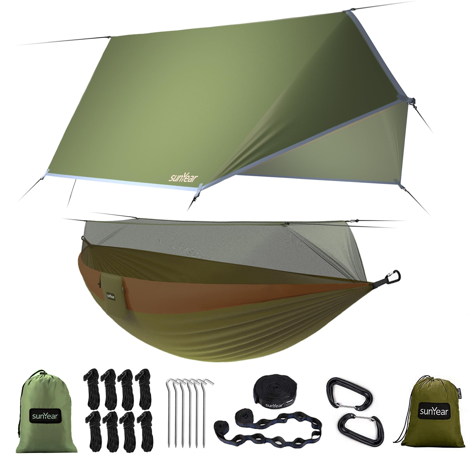Sunyear Camping Hammock, Portable Single & Double Hammock with Net, 2 Person Hammock Tent with 2 * 10ft Straps, Best for Outdoor Hiking Survival Travel