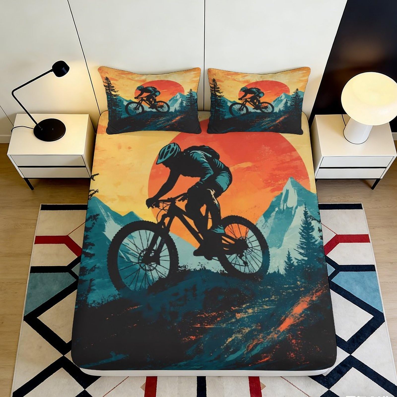 3D Printed Mountain Biker Fitted Sheet Microfiber Durable Soft Cycling Sunset Bed Cover for Bedroom Dormitory Guest Room Mattress Protection 160x200x25cm