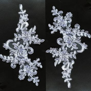 Mirror Pair Corded Floral Patch Embroidery Lace Applique DIY Addition for Garment Dress Bridal Veil White Color