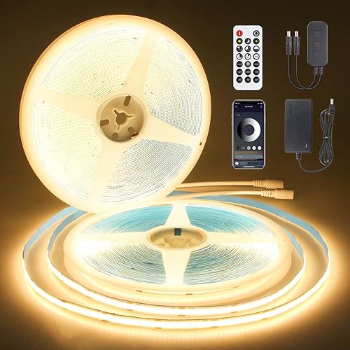 Aclorol COB - Tira de luces LED de 100 pies, 6000 K, 24 V, regulable, color blanco frío, con control remoto y aplicación, cinta flexible para