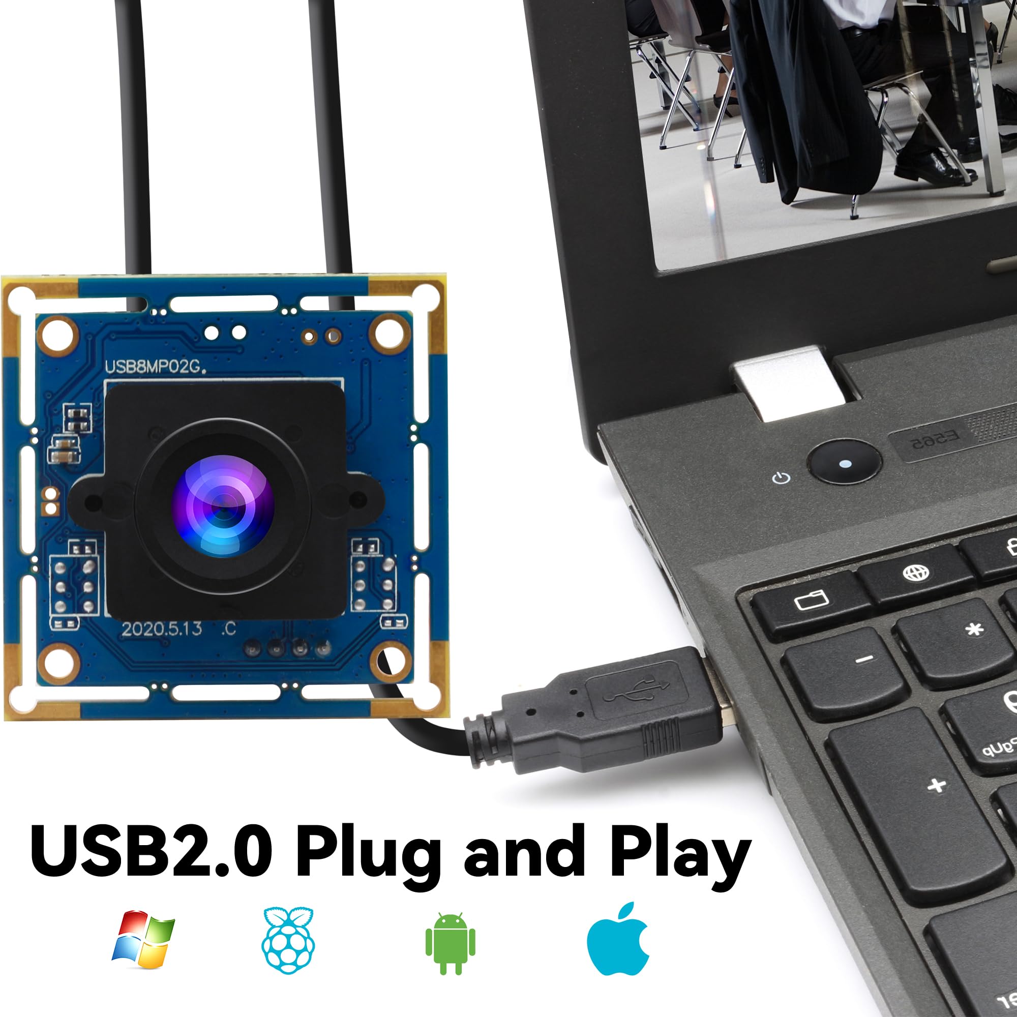 Módulo de cámara USB 8MP IMX179-3264x2448 HD Mini cámara web con lente de 2.1 mm, UVC Plug & Play para impresora 3D/máquina industrial/robot, compatible con Windows/Linux/Mac/Android