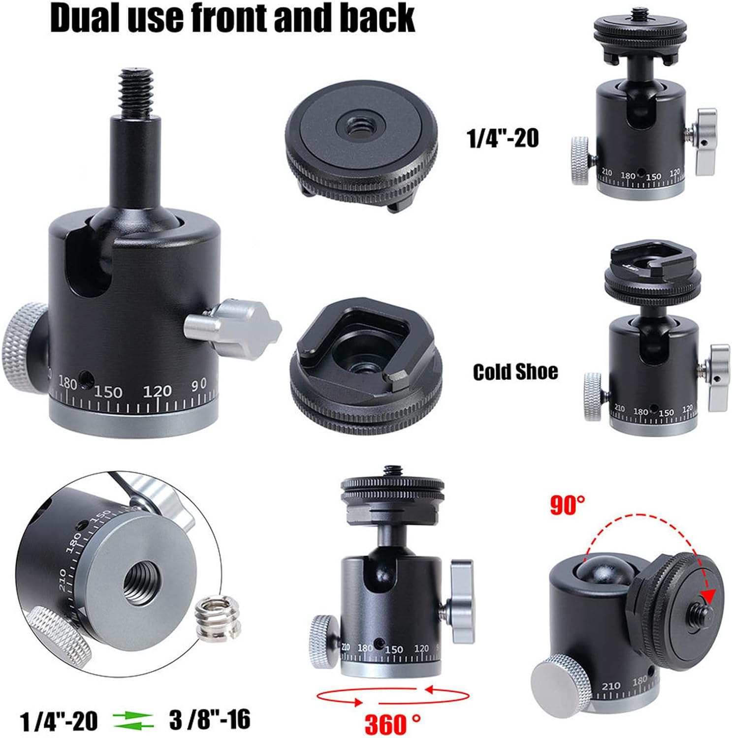 Mini Ball Head, 360° Panoramic Tripod Head with Cold Shoe Mount 1/4 Inch Screw Hole for DSLR Camera Monopod Cellphone, Aluminum Alloy