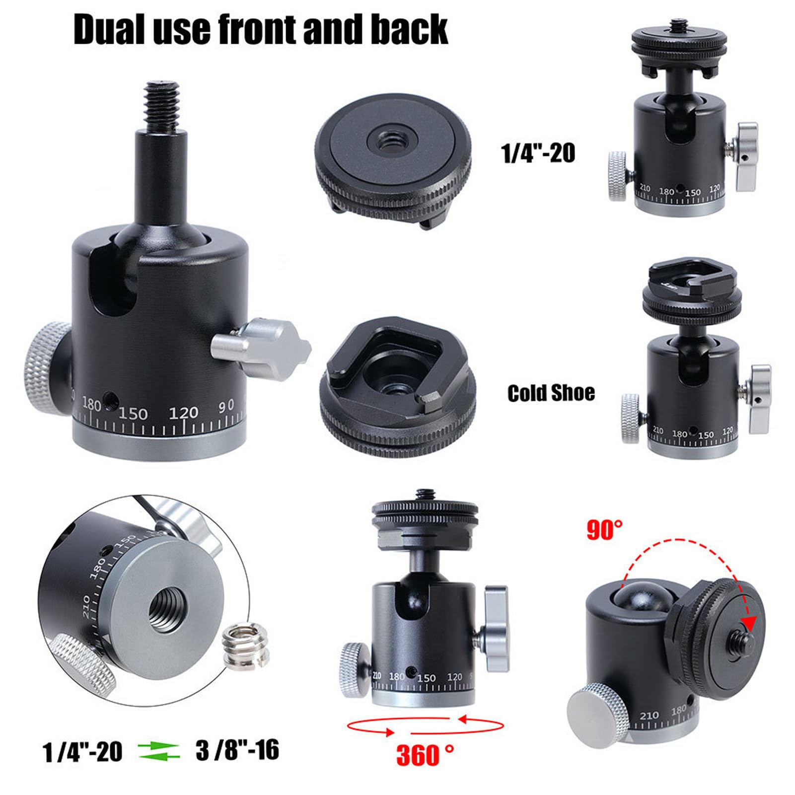 Tripod Ball Head, Tripod Head Camera 360° Panoramic, 1/4 Screw Mount, Anti Slip, Tripod Head for Monopod, Slider, DSLR Camera, Camcorder