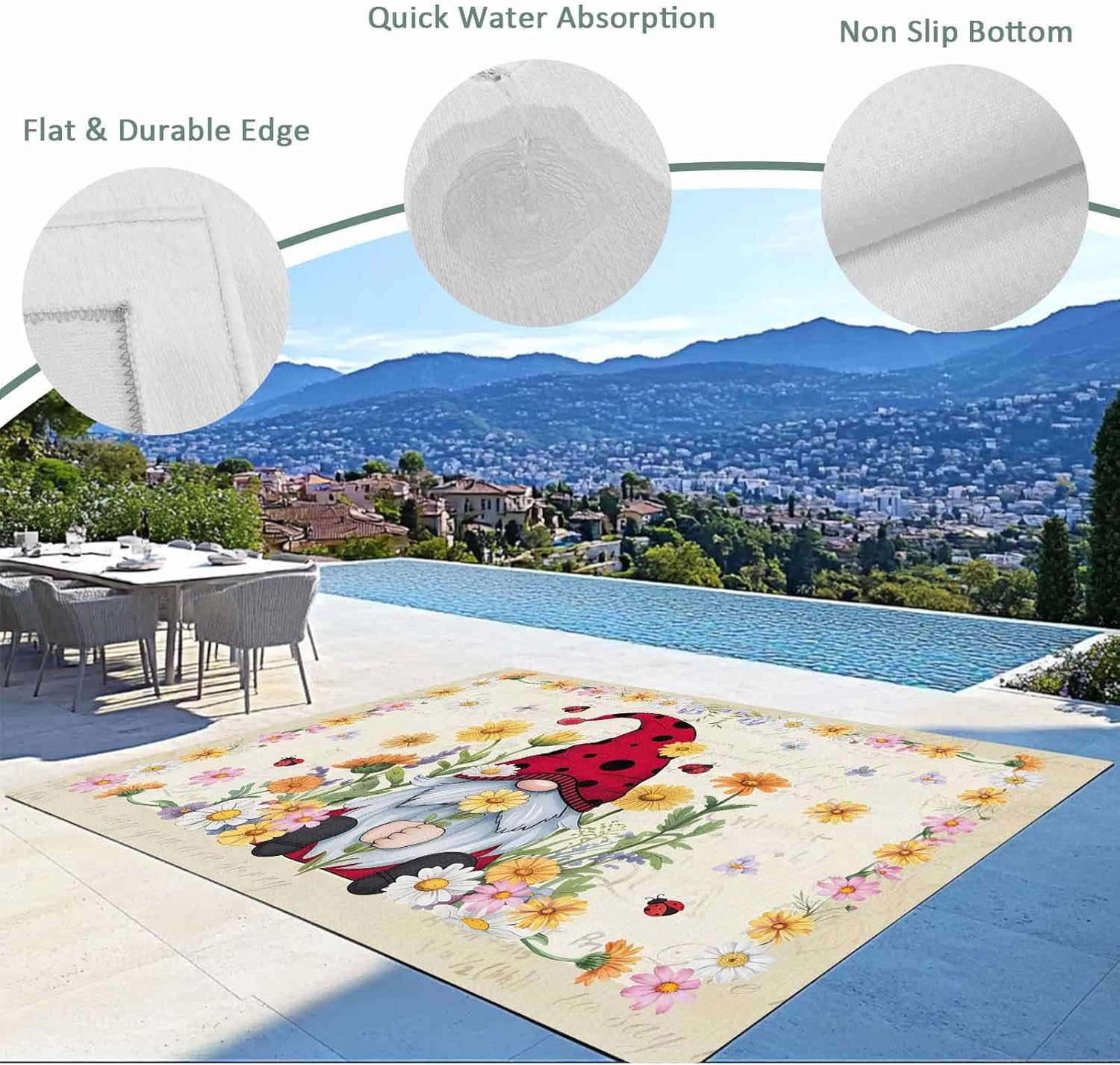 Outdoor Rug 4x6 ft Floral Gnome Outdoor Large Area Rug Non Slip Spring Summer Floral Yellow Pink Vintage Front Door Mat RV Rug Camping Carpet Patio Outdoor Rugs for Backyard Balcony Deck Porch Indoor