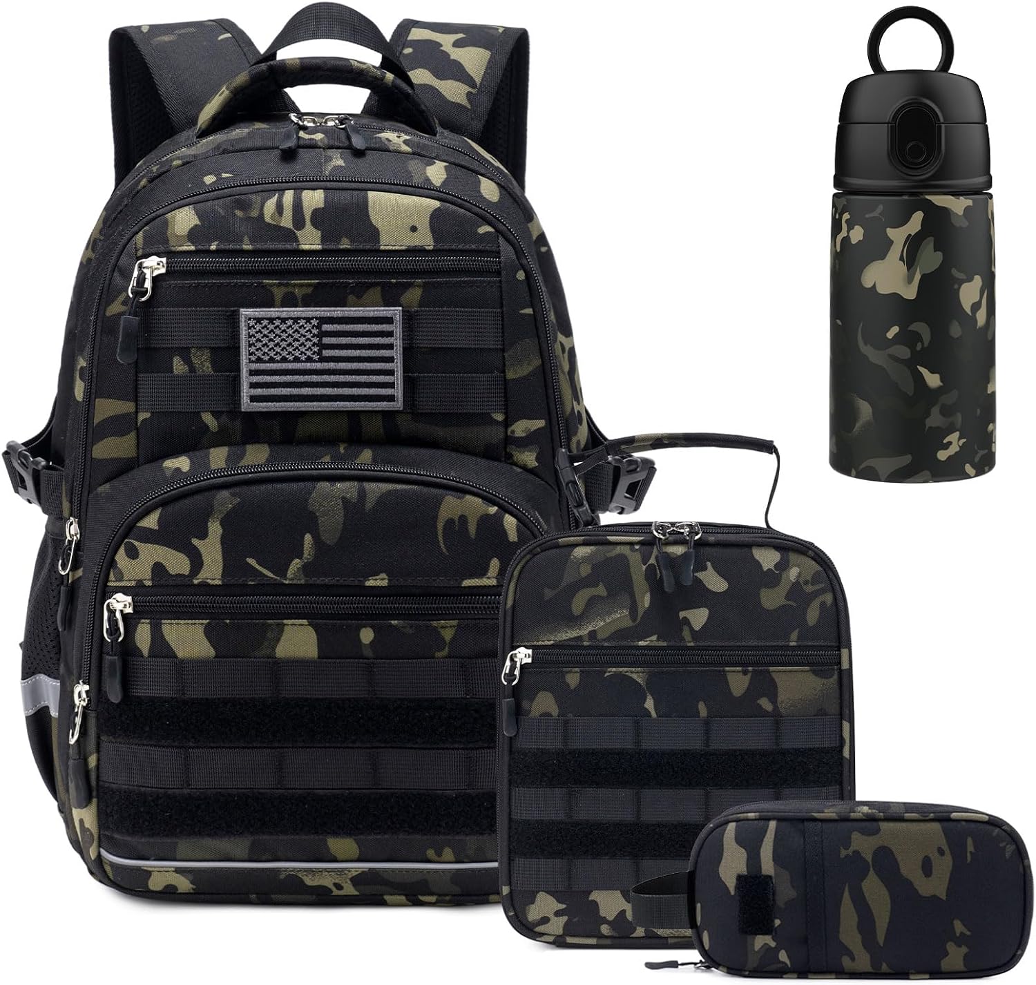 4PCS Boys Camo Backpack with 13OZ Bottle Lunch Box Pencil Case