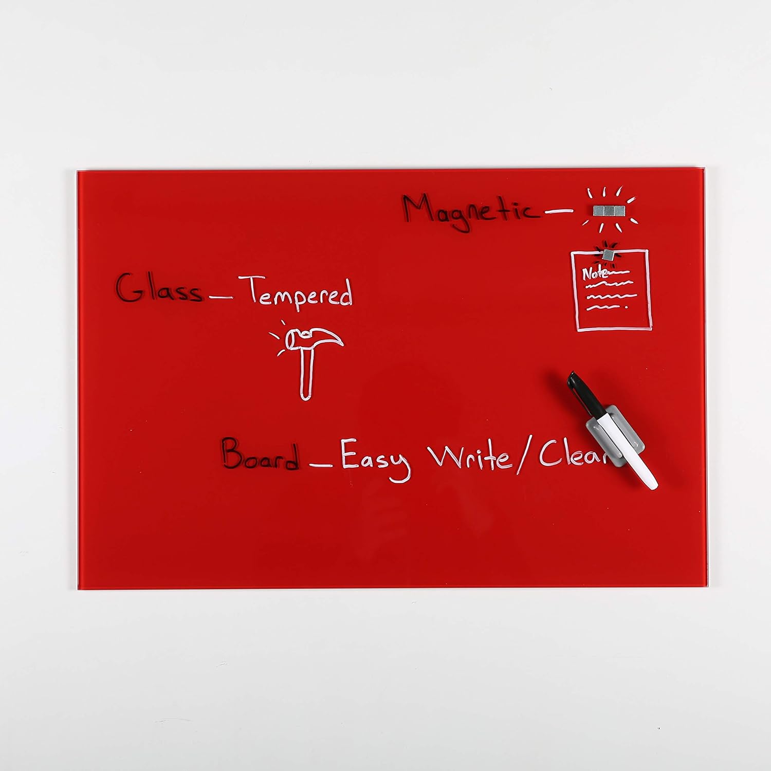 M&T Displays Wall Mounting Tempered Glass Dry Erase Write On Board Set Red with Whiteboard Marker 4 Magnetic Pins for Office School Home Kids (15.73x23.63 inch)