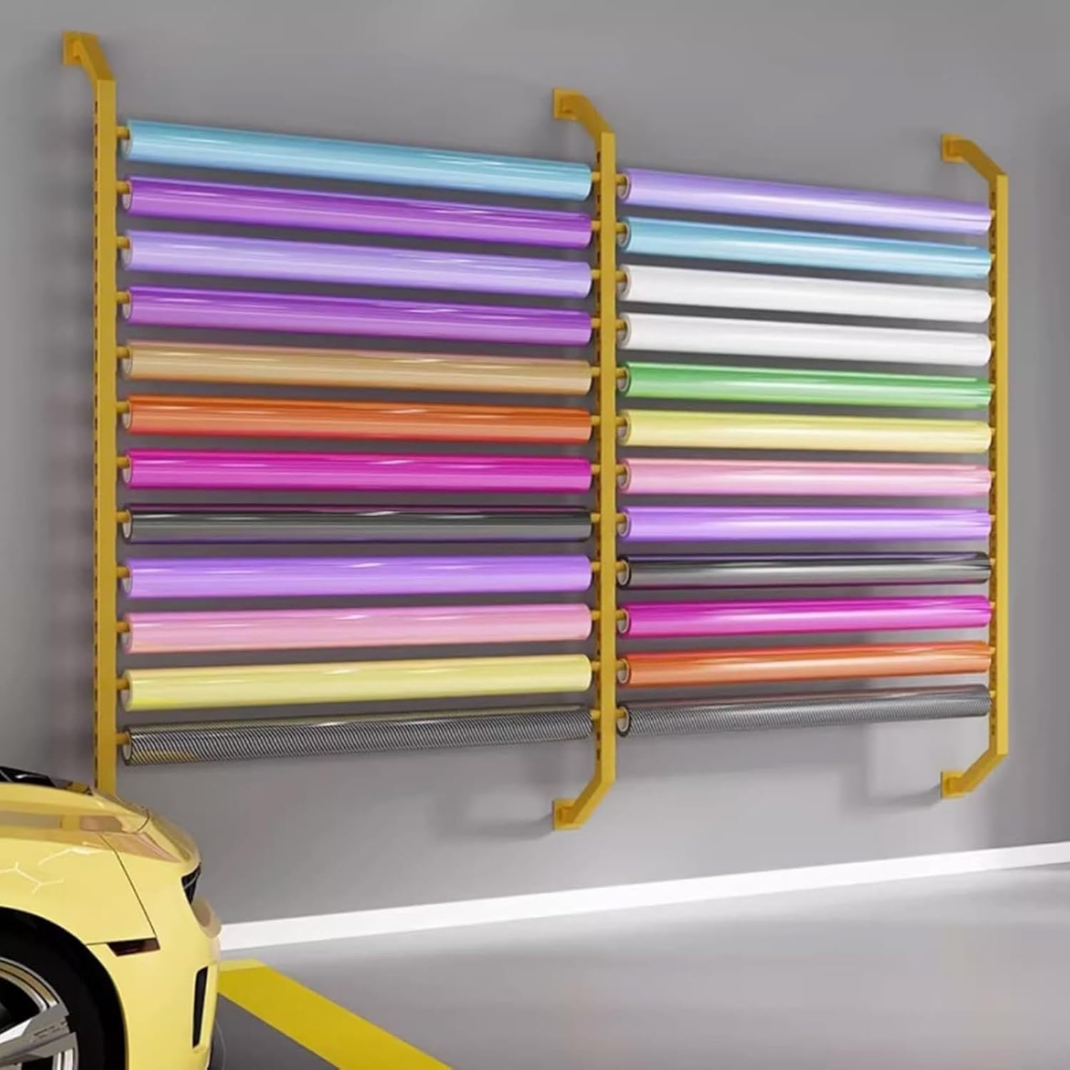 Heavy Duty Car Vinyl Holder & Wall Mount Storage Rack, Adjustable Hanging Rod for Window Film, Wallpaper, Wrap Roll & Fabric Spool Craft Stand (Gold, H200cm)