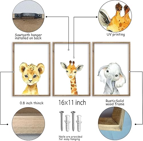 Miniatura 2 de Decoración artística para la pared del cuarto del bebé de safari de 11 x 16 pulgadas, juego de 3 impresiones de animales enmarcados en madera,
