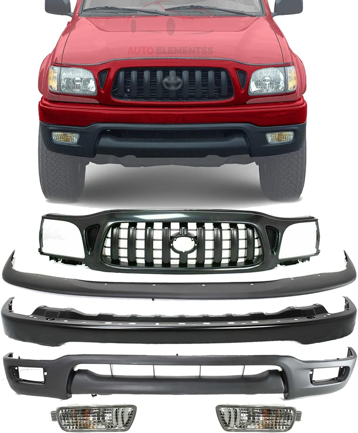 New Front Bumper Face Bar Paintable + Grille + Upper Filler + Lower Valance Primed + Signal Lamp Left Driver & Right Passenger Side For 2001-2004 Toyota Tacoma 4WD Direct Replacement 5310004250C0