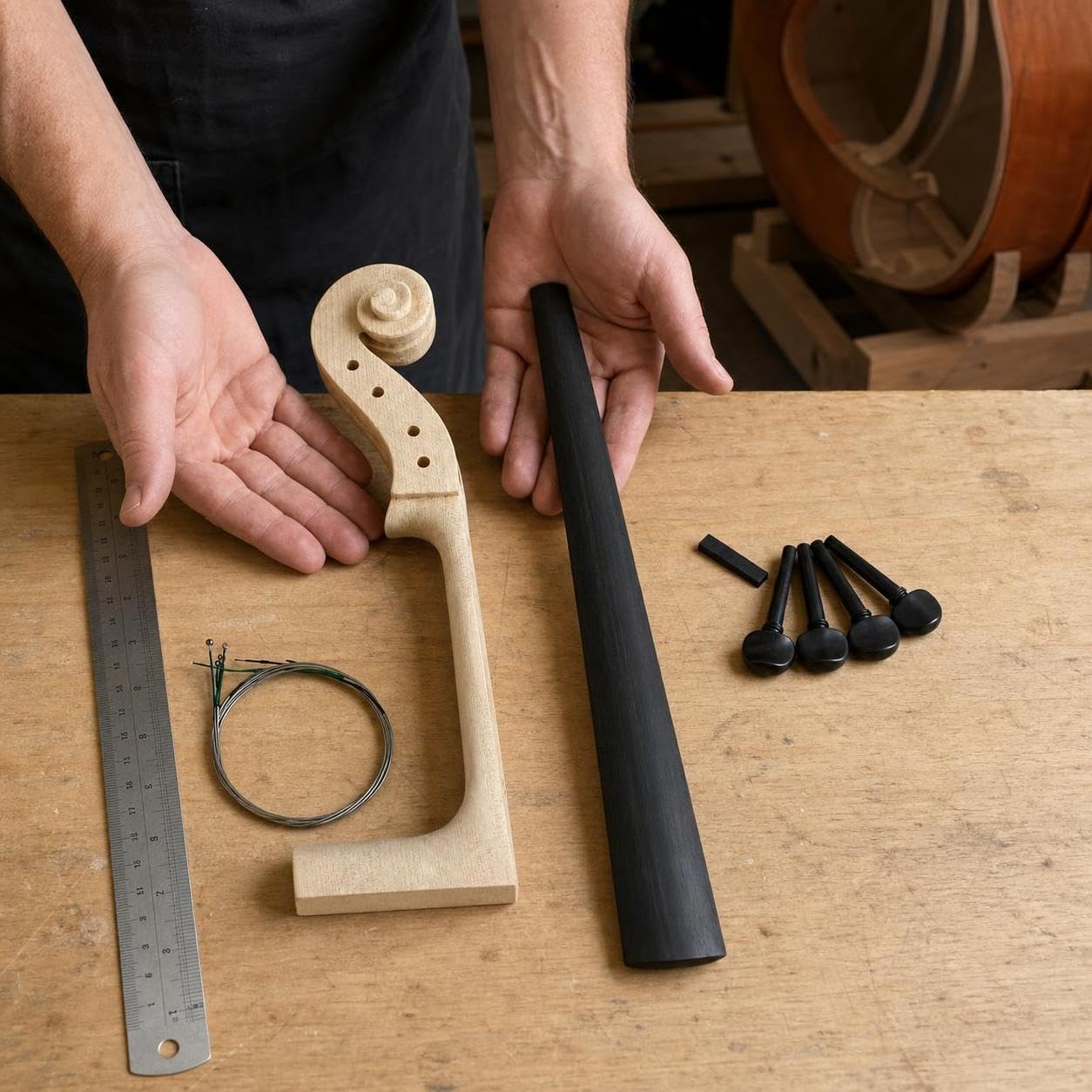 Ricambi Strumento 4/4, Tastiera e Piroli in Ebano, Manico in Acero, per strumenti, Testa in acero per violoncello 4/4 + tastiera in ebano + piroli in ebano a doppio occhio + set di corde