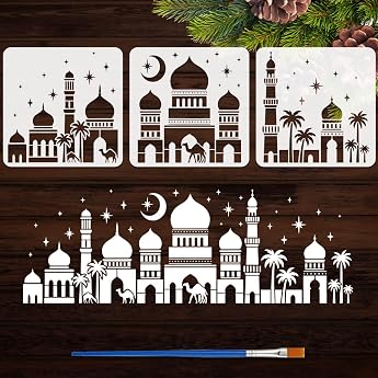 FINGERINSPIRE 3Styles Stencils for Religious Buildings with a Brush 30 x 30 cm Mosque Pattern Painting Stencils Drawing Stencils for Islamic Buildings Coconut Tree Camel Template for Wall Decoration
