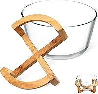 Vista 4 de Ensaladera grande de vidrio con base de madera, 84.5 fl oz, resistente al calor, para frutas, aperitivos, postres, microondas y lavavajillas, ideal