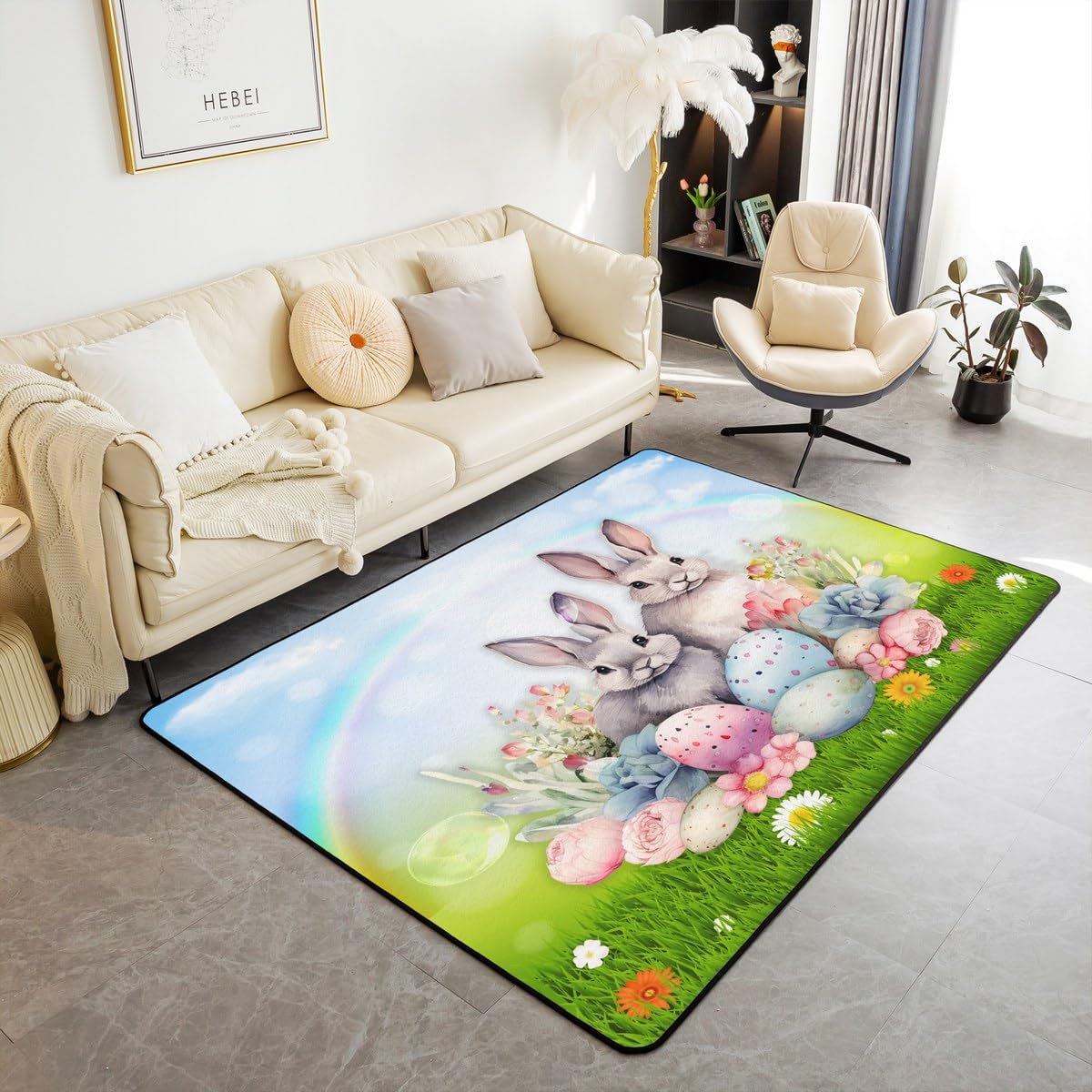 Homemissing Alfombra decorativa para niños y niñas, diseño de conejo con estampado botánico floral, huevos de Pascua, 150 x 200 cm, decoración de habitación