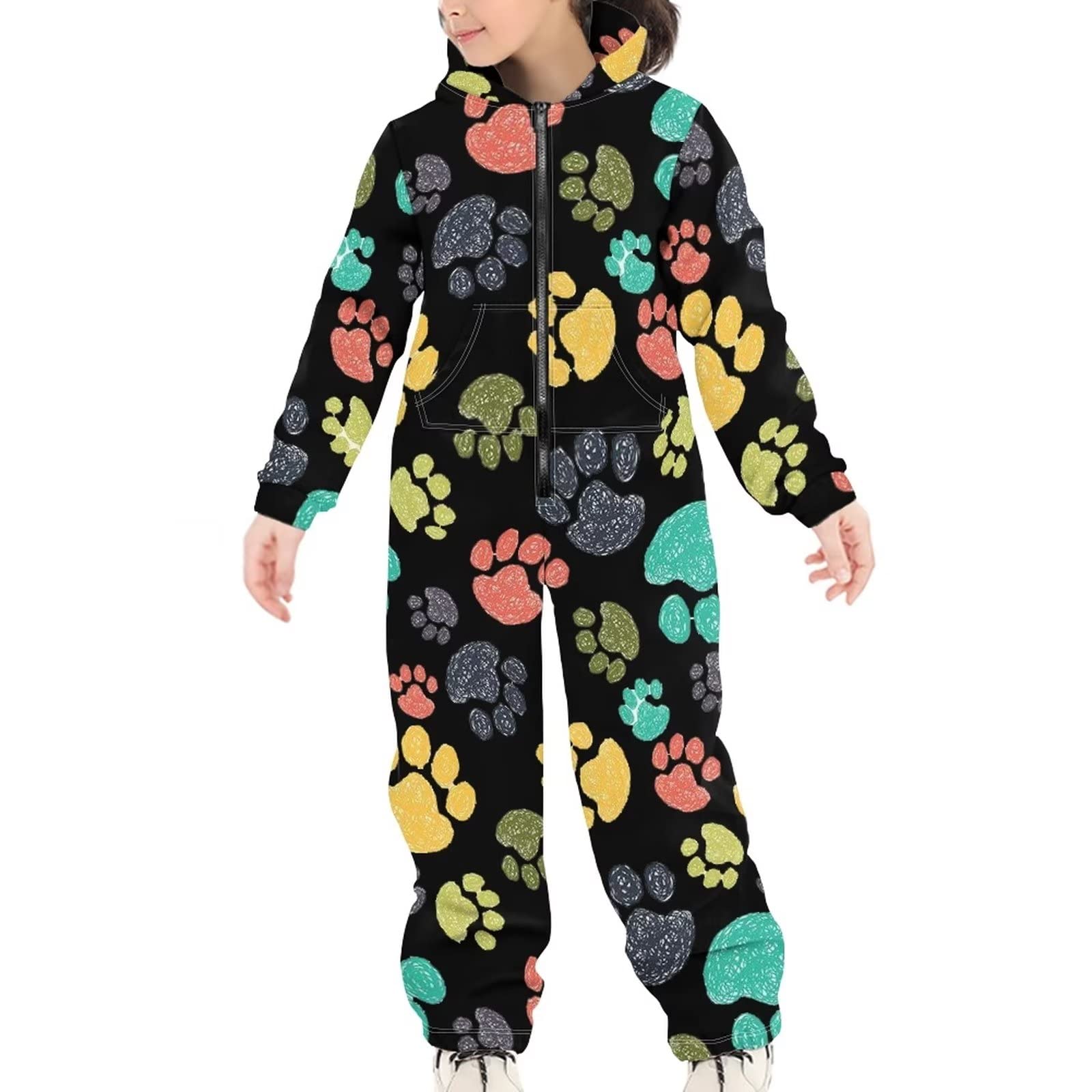 POLERO Lindo mono con capucha y bolsillos con cremallera para niños y niñas, Patas de perro, X-Large