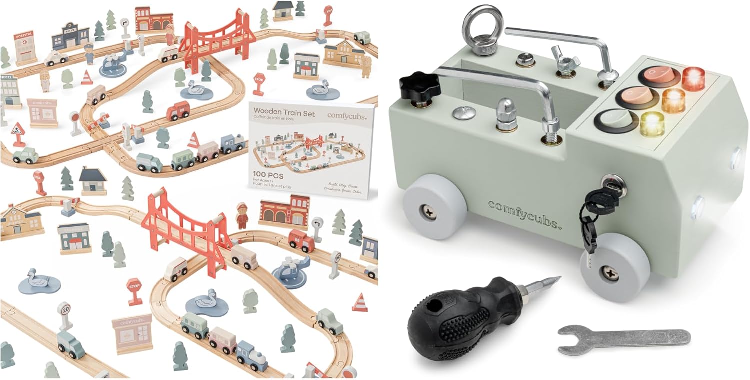 100-Piece Wooden Train Set and Busy Board Toy Truck Set Bundled by Comfy Cubs