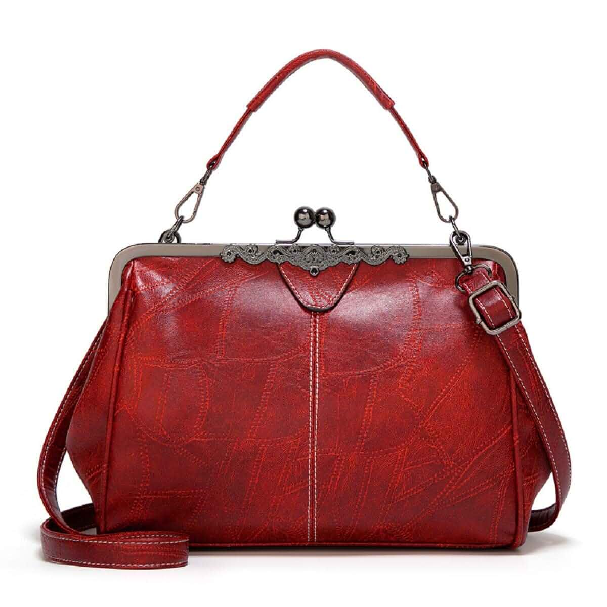 YOUNXSL Women Retro Hollow Oil Wax PU Leather Handbag Multiple Collocations Handbags Kiss Lock Messenger Bag