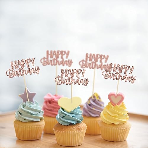 Miniatura 9 de Gyufise 24 piezas de decoración para cupcakes de cumpleaños con purpurina de oro rosa para celebrar fiestas de cumpleaños, baby shower, suministros