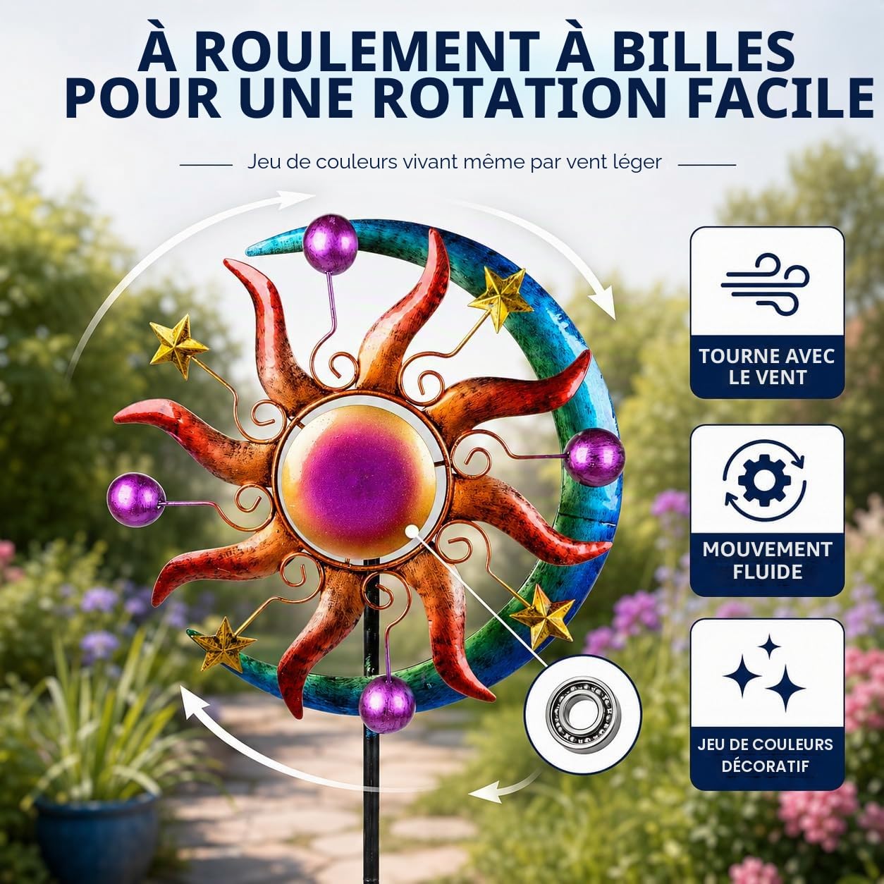 formano Moulin à vent coloré en métal pour le jardin Motif lune et étoiles 124 cm