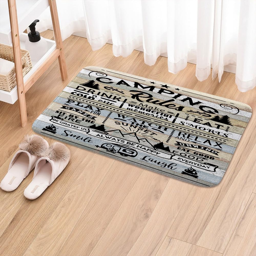 DYNH Camper RV Bath Mat for Travel Trailer Bathroom, Farmhouse Camping Rules Quote Floor Rugs Mats Non Slip Bathroom Happy Camp Decor Accessories 19X31 Inches Kitchen Bedroom Indoor