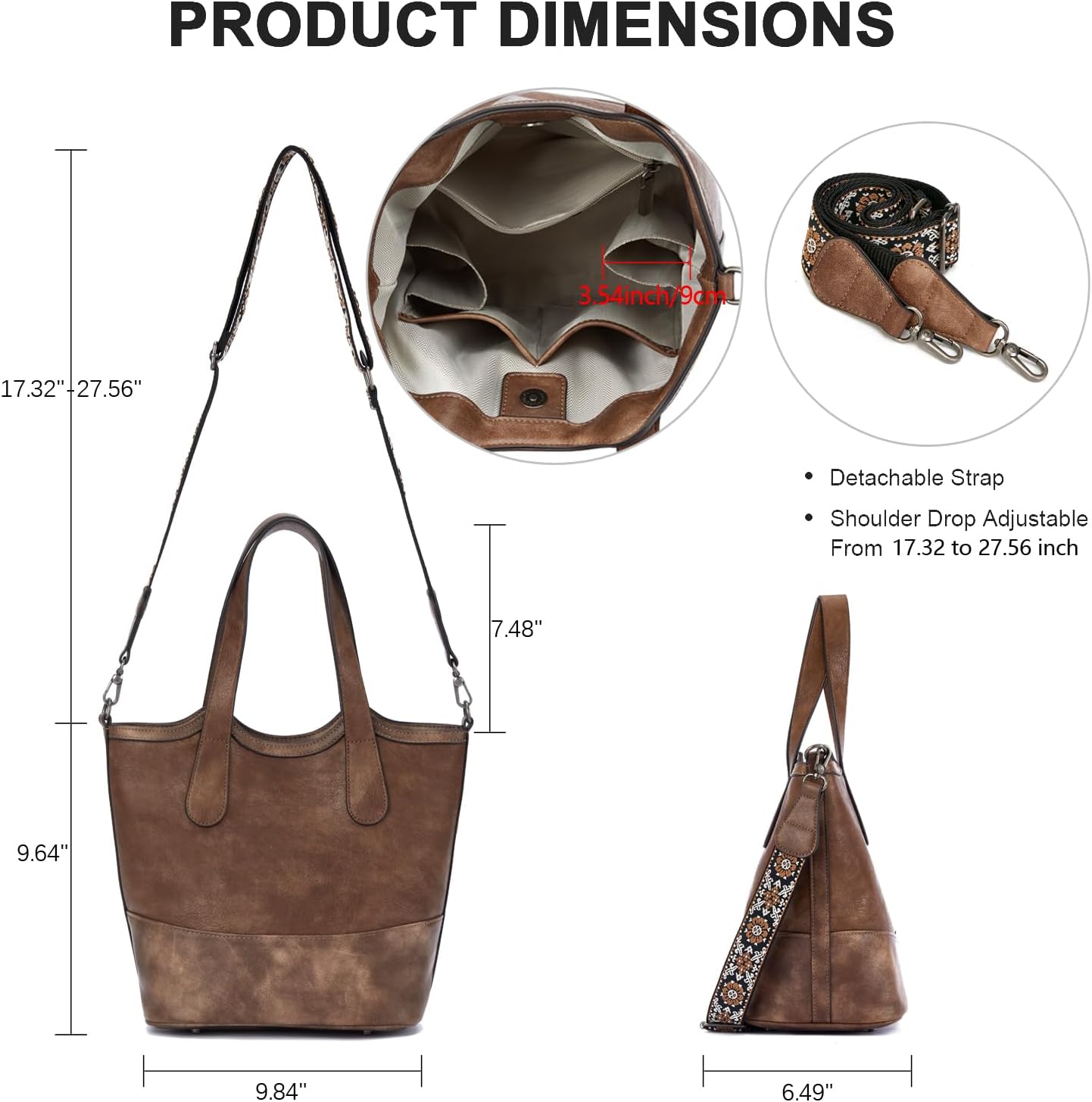 Tote Bag for Women,Vegan Leather Bucket Purses for Women Top Handle Handbags Crossbody Bag with 2 Water Bottle Pocket