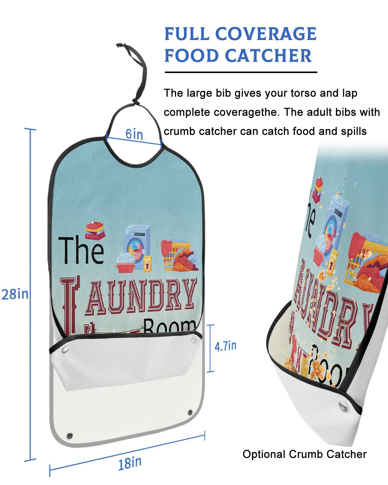 Laundry Room Adult Bibs for Eating, Waterproof Bibs with Food Catcher & Adjustable Snap Closure, Gradient Blue Washing Machine Clothes Washable Clothing Protectors Adult Bibs for Elderly Women/Men