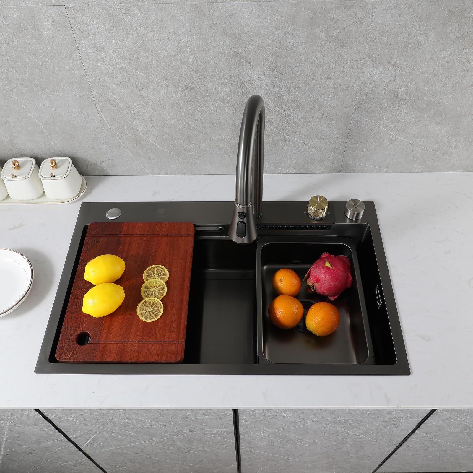 Fregadero De Cocina Para Estación De Trabajo Con Grifo De Cascada, Juego De Lavabo De Acero Inoxidable Doméstico De Un Solo Tazón, Lavadora De Ollas A Presión, Tabla De Cortar, Canasta De Drenaje Y Ac