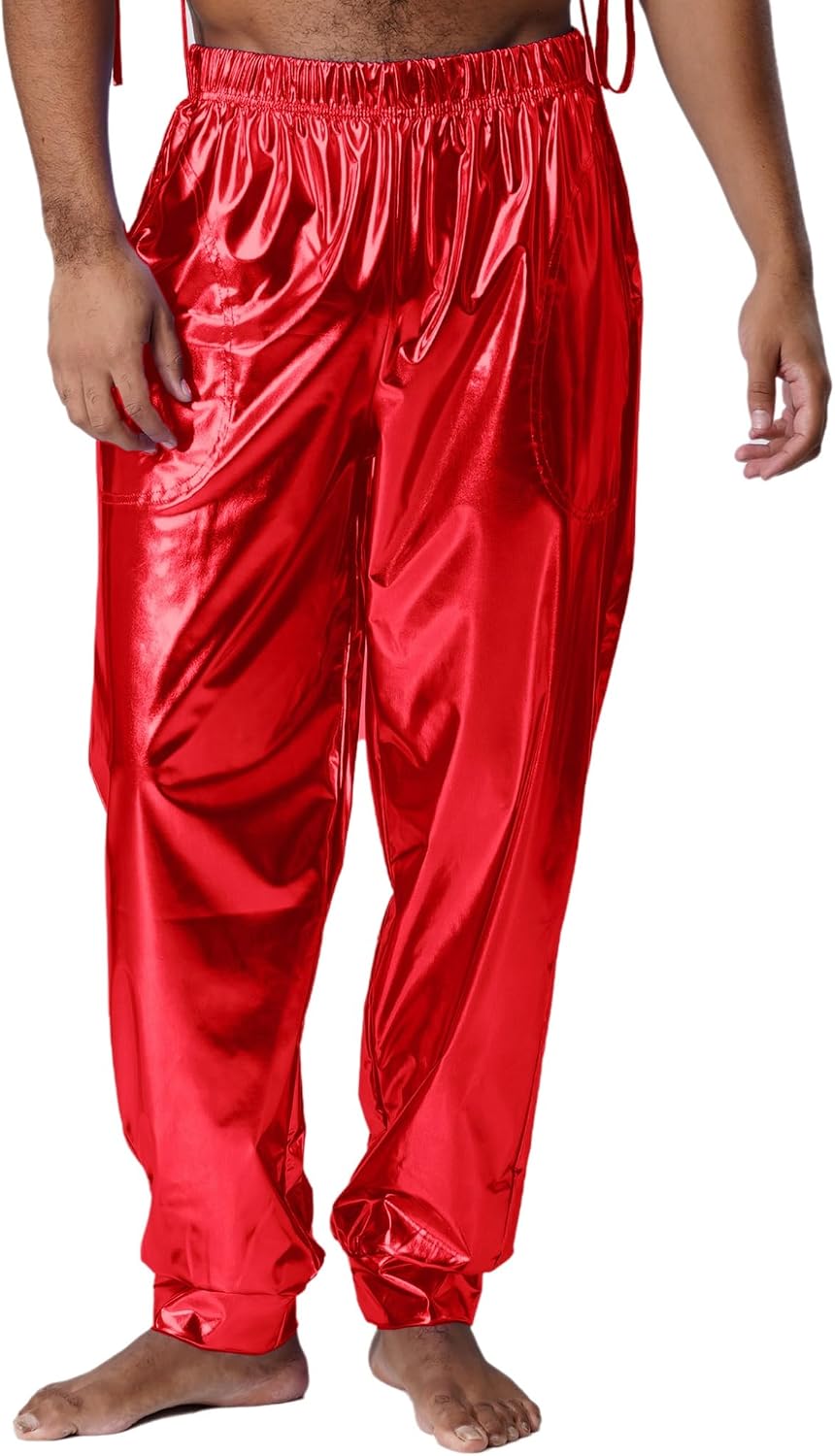 Mens Shiny Metallic Jogger Pants High Waisted Harem Pant Holographic Hip Hop Disco Trousers