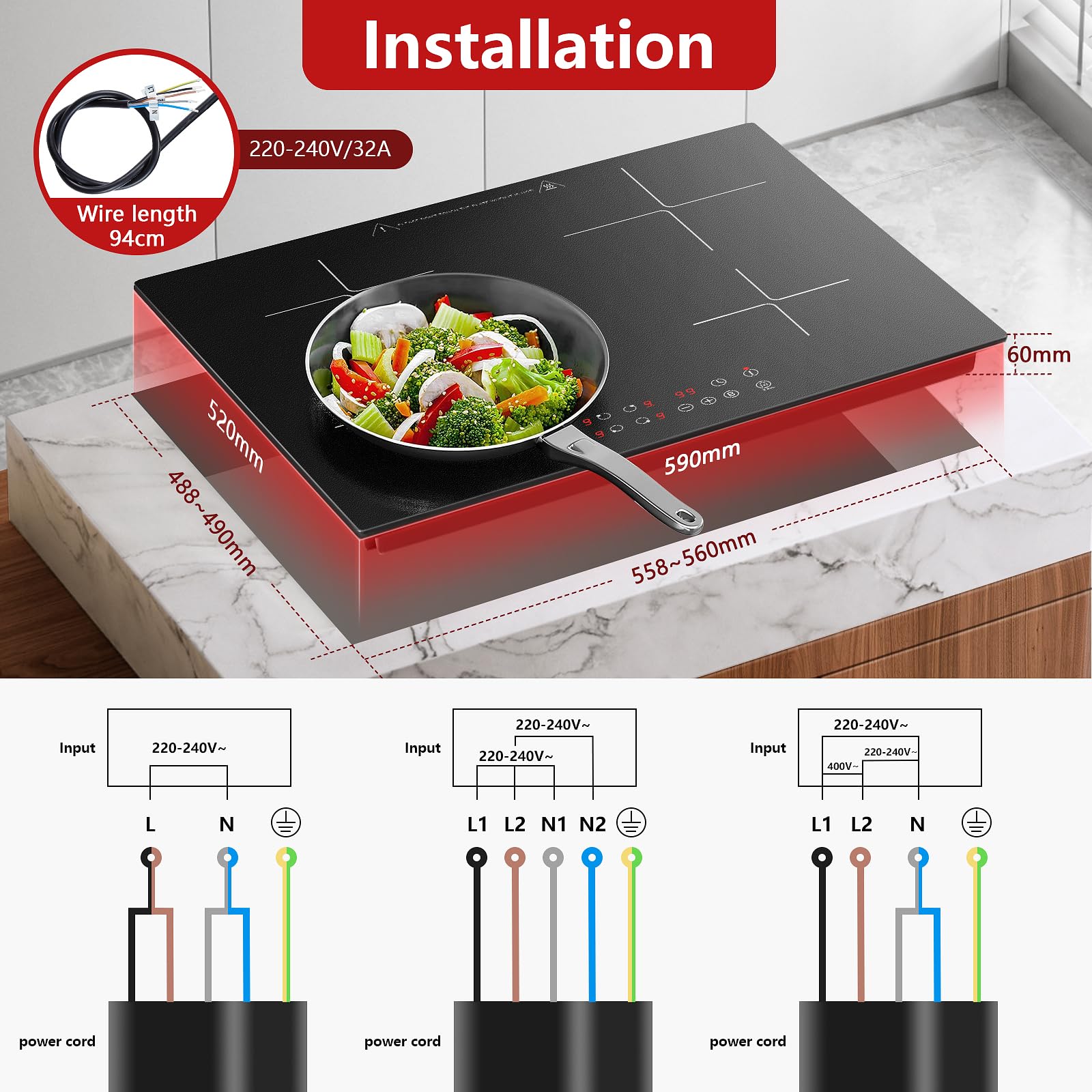 Induction Hob 4 Zones, Built-in Induction Hob 60 cm with Booster, 4 Burner Cooker, Touch Control, 9 Power Levels, 1-99 Min Timer, Child Lock, Heat Indicator, No Plug - 4