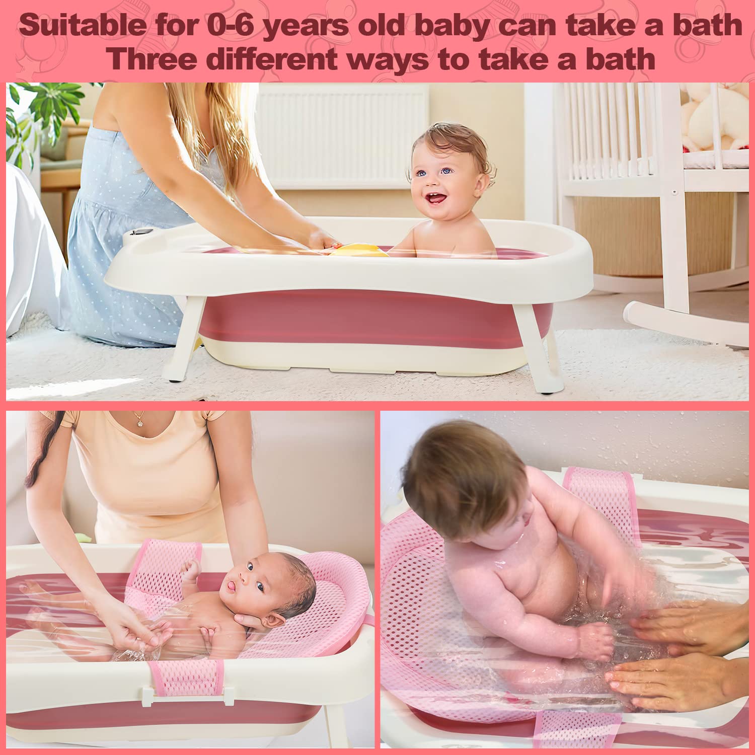 Sonnewelt Vasca da bagno per bambini, con termometro, tappetino da bagno e bicchierino per lavare i capelli, pieghevole, da 0 a 3 anni (rosa)