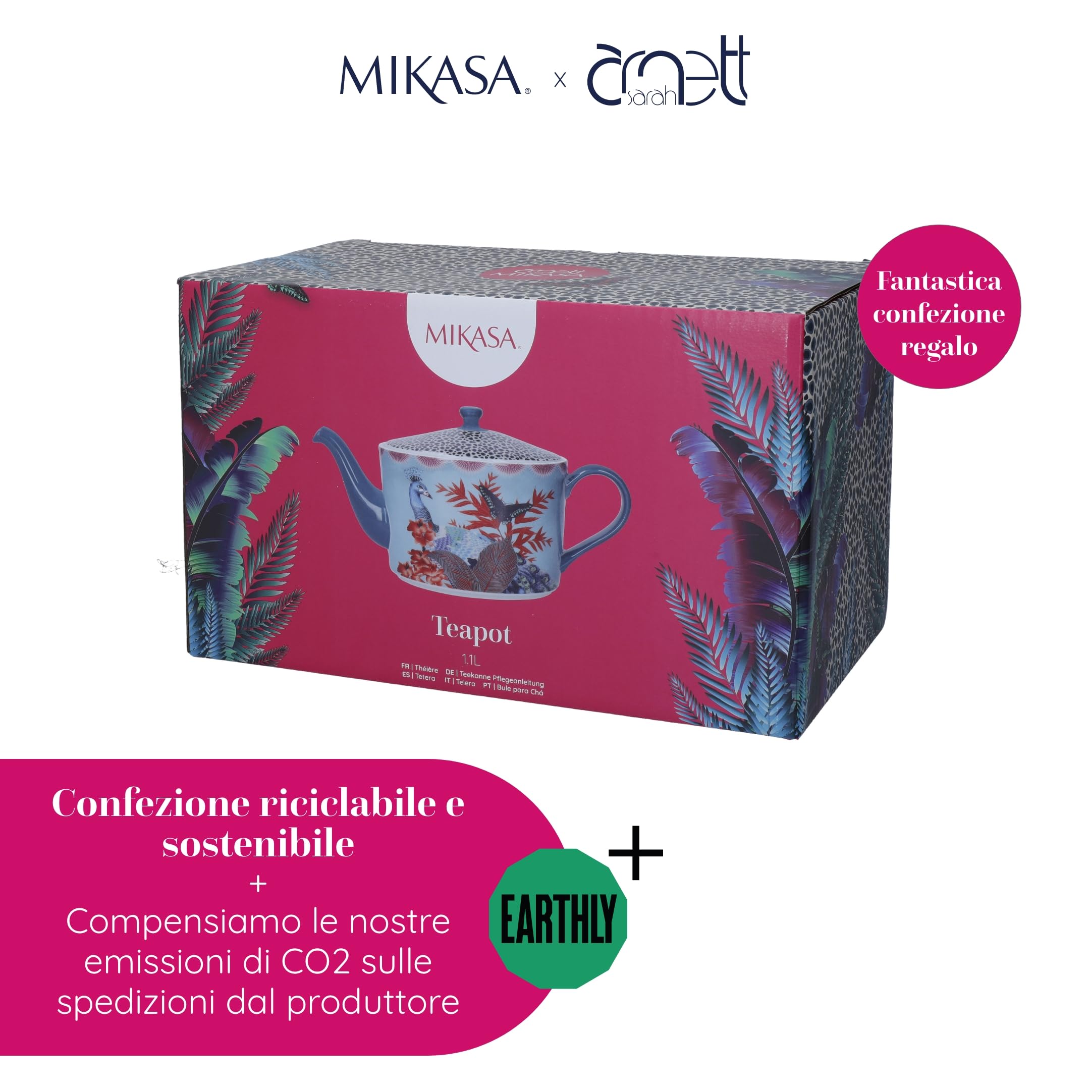 Mikasa x Sarah Arnett Teapot, Teiera in porcellana con coperchio, stampa tropicale per intrattenimenti, 1.1L - Confezione regalo e lavabile in lavastoviglie