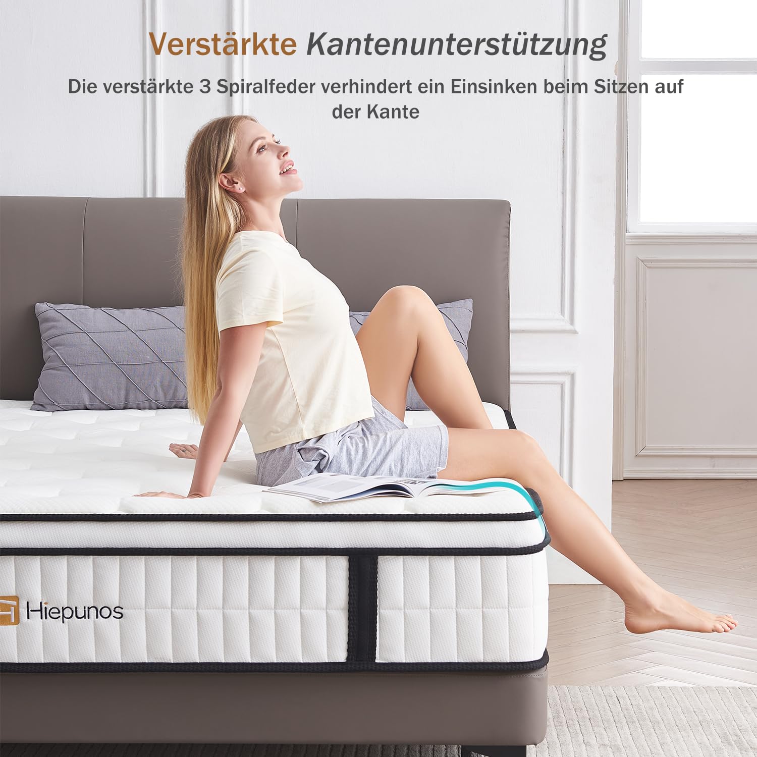 Hiepunos Materasso 160 x 200 cm, 26 cm, altezza materasso a molle insacchettate, grado di durezza H3,7 zone, ortopedico con strato di memory foam, scarico della schiena, certificato Öko-Tex