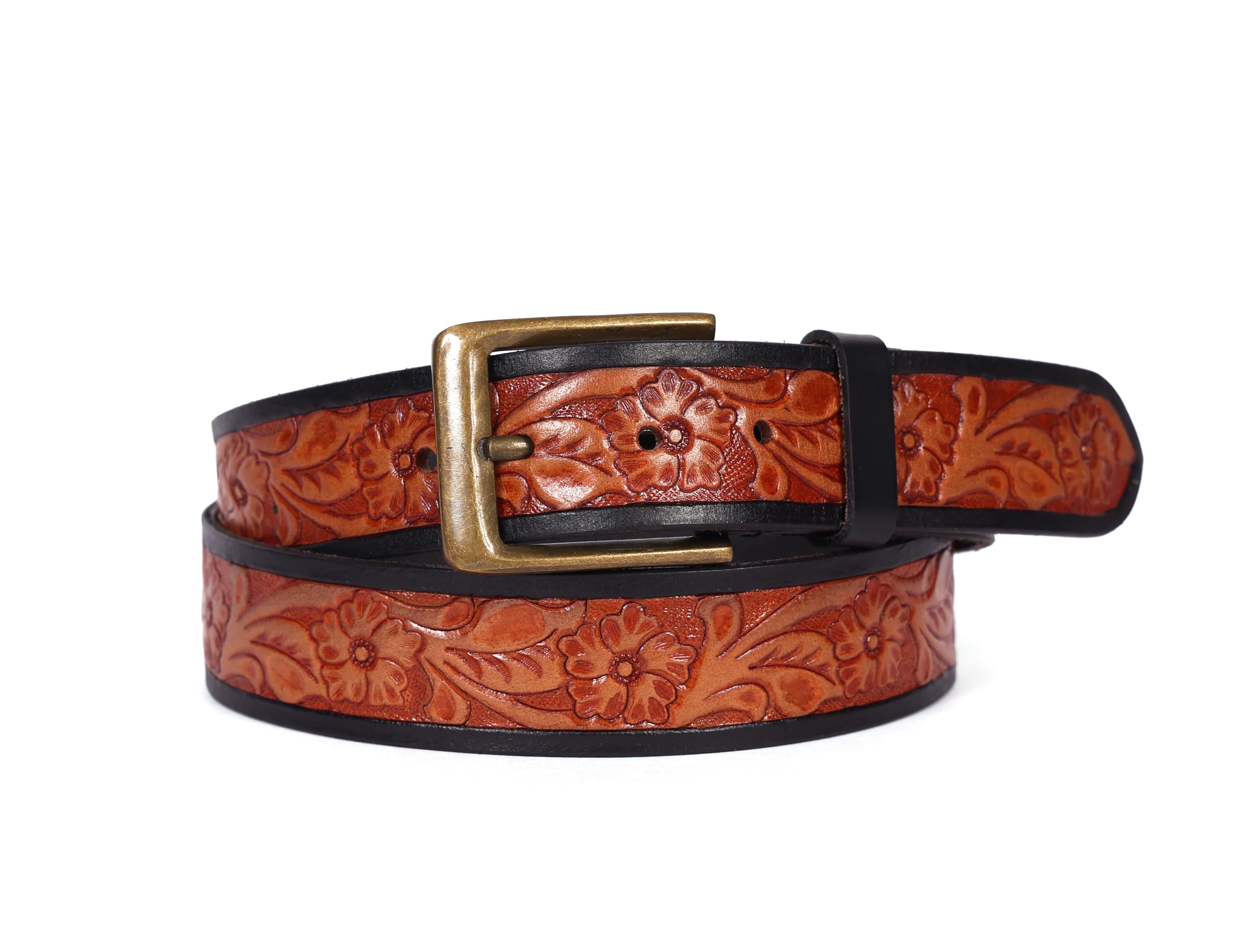 Unisex Genuine Leather Embossed Floral Brown Waist Accessory Antique Metal Buckle
