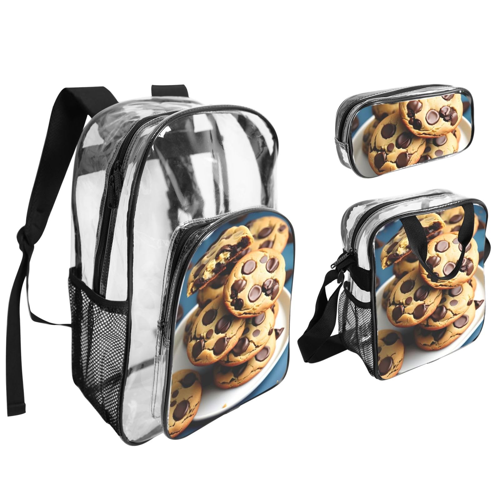 Set di 3 borse portapranzo trasparenti con stampa di biscotti e patatine al cioccolato e biscotti, per la scuola e i viaggi