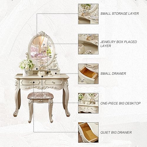 Miniatura 4 de Juego de tocador de estilo europeo con taburete 4 cajones espejo de madera mesa organizadora de almacenamiento de cosméticos para dormitorio