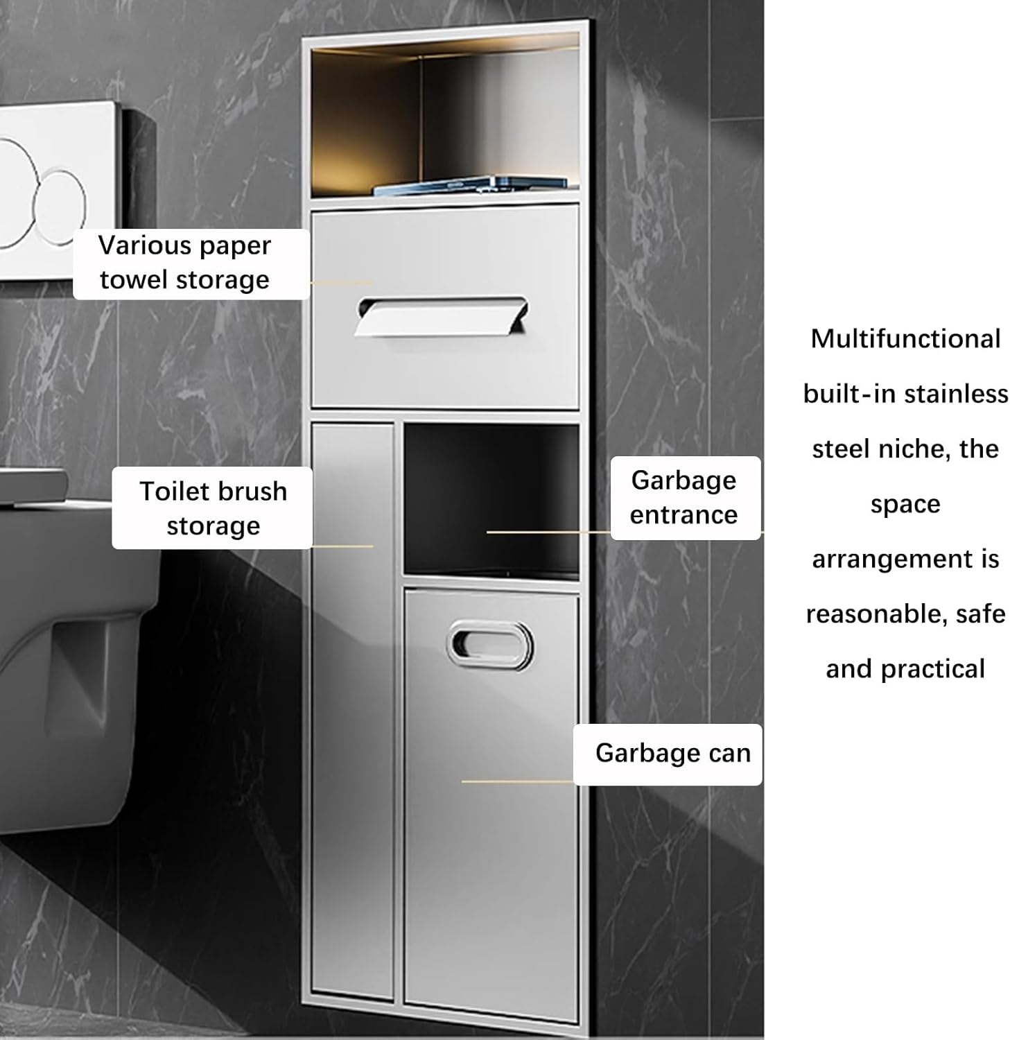 Stainless Steel Shower Niche & Alcove Organizer, Toilet Paper & Trash Can Storage Rack, Shampoo & Toiletries Shelves for Bathroom, Kitchen, Bedroom - Grey 11.81"x30.7"x5.51"